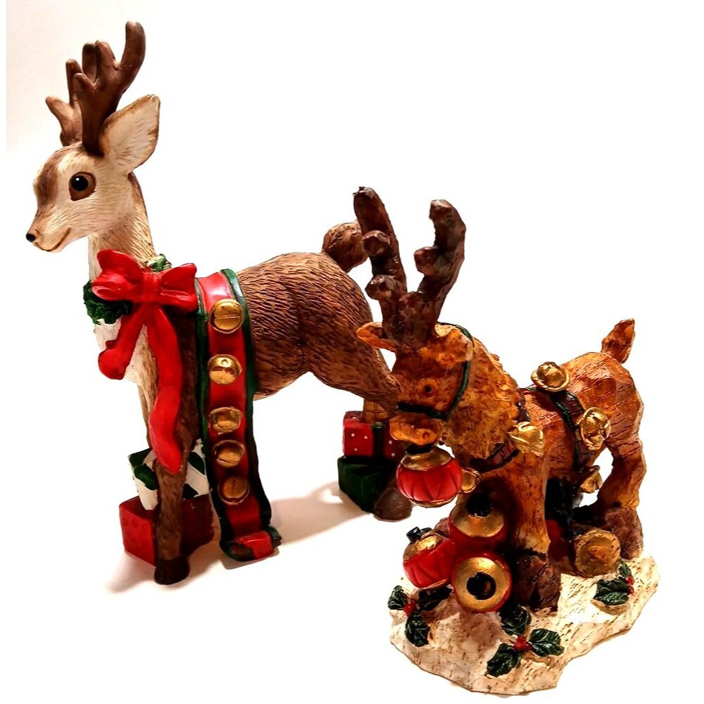Pair Of Reindeer Sleighbells Bows Gifts 7 Inches Tall and 5.5 Inches Tall
